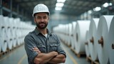 Happy and confident industrial male worker inside of a warehouse with pulp of paper rolls lined up in rows in a mill factory.