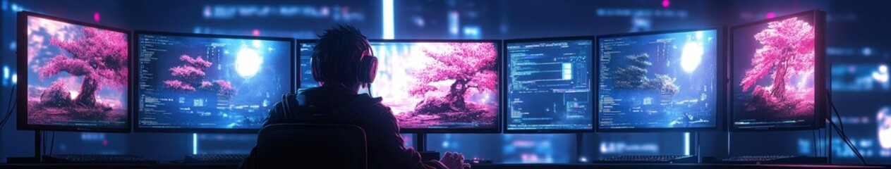 Programmer immersed in glowing monitors, futuristic technology hub, man and machine collaboration