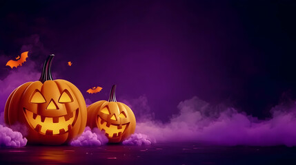 Wall Mural - 3D Halloween Jack-o'-Lanterns in Purple Foggy Background, Spooky Night Scene with Bats