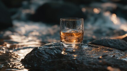 A glass of amber liquid resting on a smooth rock amid a gently flowing river, with shimmering water and soft natural lighting.