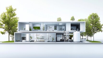 Poster - Detailed blueprint showcasing a sustainable building with an advanced water recycling system designed for environmentally conscious city development and infrastructure