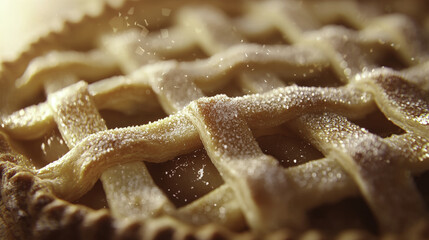 close up of lattice pie crust with golden finish and sugar