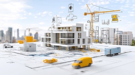 Poster - Detailed digital architectural blueprint showcasing a sustainable building with water recycling systems and renewable energy features designed for modern urban planning and development