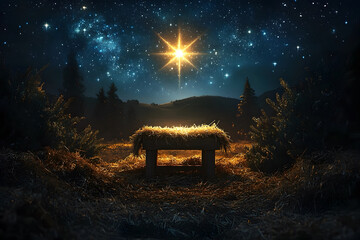 an empty manger and a bright star with backdrop of christmas