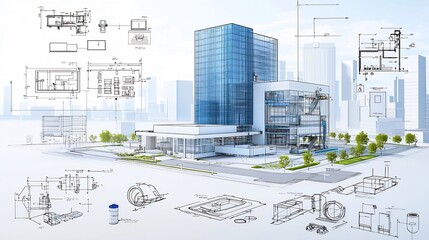 Poster - Detailed digital blueprint showcasing the design of a modern sustainable building featuring an integrated water recycling system