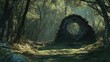 © AIArtistry - Mysterious forest scene featuring a large circular stone structure surrounded by lush greenery and soft sunlight filtering through the trees.