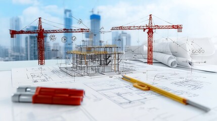 Poster - A team of architects and engineers collaborating to review eco friendly construction plans that incorporate sustainability practices and green building techniques for a modern