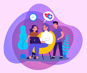 Wall Mural - Grandma and children reading data on cardiology. Woman sitting in armchair, using computer flat vector illustration. Technology and health concept for banner, website design or landing web page