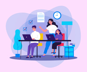 Wall Mural - female teacher explaining lesson to students. boy and girl learning with tutor flat vector illustrat