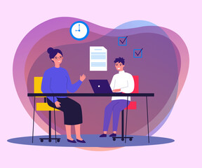 Wall Mural - female teacher checking task of student. teenager learning with tutor flat vector illustration. educ