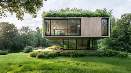 Poster - This image showcases a sustainable architecture project that focuses on eco friendly construction solutions highlighting the use of green building materials such as wood glass
