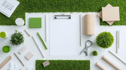 Fototapete - Arrangement of eco friendly construction materials in a modern minimalist workspace setting showcasing innovative and sustainable design concepts for green building and architecture