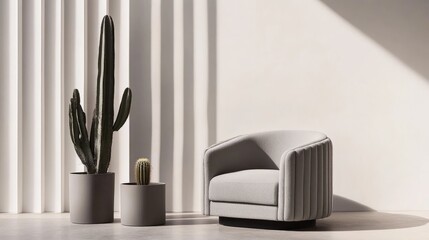 Contemporary living room setting with a stylish gray armchair, minimalistic coffee table, and two potted cacti beside a sleek white wall and soft sunlight.