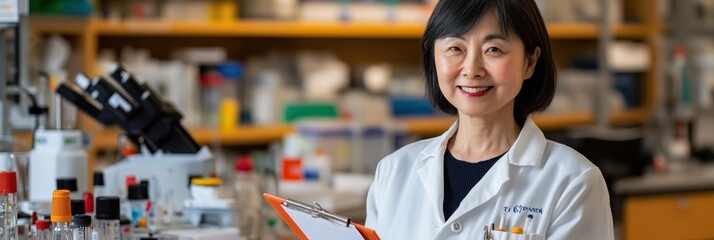Poster - A scientist in a lab coat smiles while holding a clipboard in a laboratory setting.