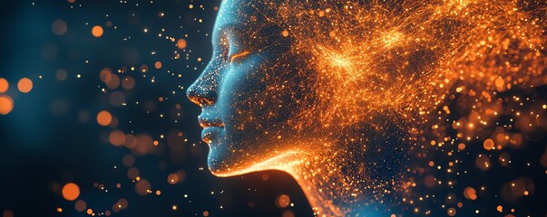 Poster - Abstract digital human head with glowing data particles, dark backdrop, artificial intelligence theme, hightech technology, futuristic neural connections