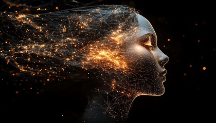 Aufkleber - Abstract human head made of glowing digital network connections, dark background, AI generative art style, complex geometric patterns, technology theme