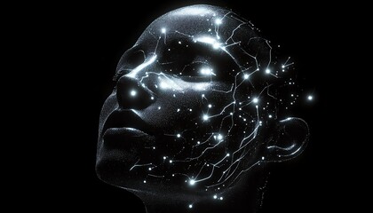 Fototapete - AIgenerated abstract human head with glowing network connections, dark background, futuristic and digital design, neural connections concept