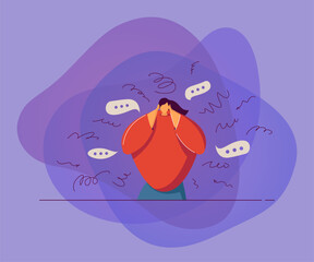 Wall Mural - anxious woman thinking about problems. mental breakdown from stress, anxiety, trauma flat vector ill