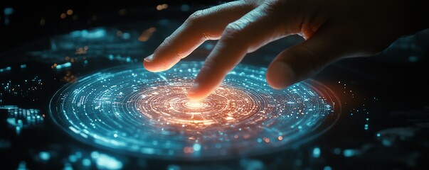 Leinwandbilder - Closeup of hand using glowing round hologram of business graph, dark background, financial growth, analysis, report concept, futuristic data visualization