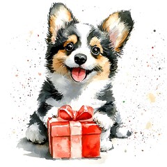 Wall Mural - Adorable Watercolor Painting of a Corgi Puppy with a Gift.  A charming illustration perfect for greeting cards, calendars, or pet-related products.