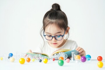 Aufkleber - A young girl reading a book surrounded by colorful learning materials.