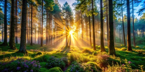  Dawn Breaking Over a Lush Forest, Symbolizing Nature's Growth and Renewal, Vibrant Colors, Morning Light, Serenity, and Life in Fashion Photography Style