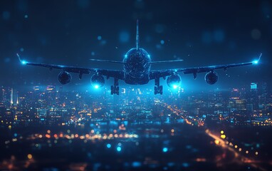 Poster - Creative glowing blue airplanes sphere and business graph, blurry dark cityscape, online travel bookings, market analysis report, double exposure effect