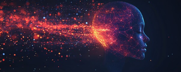 Aufkleber - Digital human head with floating glowing data particles, dark background, artificial intelligence, advanced technology theme, futuristic digital network