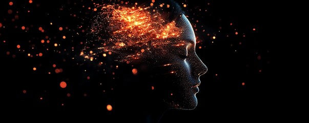 Poster - Digital human head with floating glowing data particles, dark background, artificial intelligence, advanced technology theme, futuristic digital network