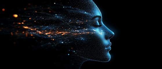 Leinwandbilder - Digital human head with glowing data particles, dark background, futuristic technology concept, artificial intelligence, advanced neural network design