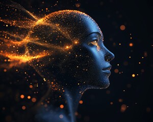Leinwandbilder - Futuristic digital human head surrounded by glowing data particles, dark background, artificial intelligence, advanced technology concept, hightech design