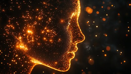 Leinwandbilder - Glowing data particles surrounding digital human head, dark background, artificial intelligence concept, advanced neural pathways, technologyinspired design