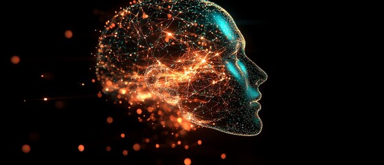 Aufkleber - Human head outline made of glowing digital network connections, dark background, AI generative design, futuristic technology, complex neural pathways