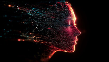 Leinwandbilder - Human head silhouette made of digital network connections, glowing neon lines, dark background, AI generative, hightech neural design