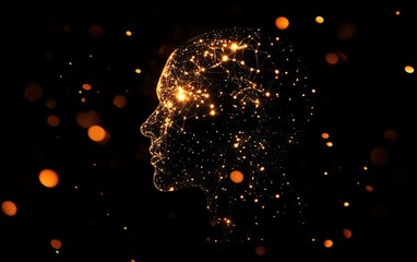 Leinwandbilder - Human head silhouette made of glowing data particles, dark background, advanced artificial intelligence design, hightech neural connections, digital technology