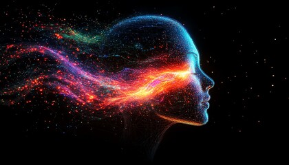 Leinwandbilder - Human head silhouette made of digital network connections, glowing neon lines, dark background, AI generative, hightech neural design