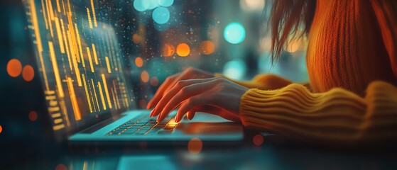 Fototapete - Closeup of backlit female hands typing on notebook keyboard with glowing business chart and AI binary code nodes
