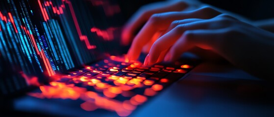 Fototapete - Closeup of backlit female hands on notebook keyboard, glowing business chart, and AI binary code nodes, blurry background, financial growth, and marketing concept, double exposure