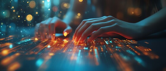 Fototapete - Closeup of backlit female hands typing on notebook keyboard with glowing business chart and AI binary code nodes