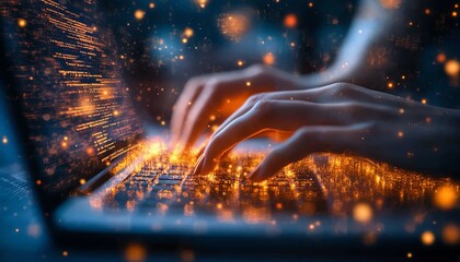 Fototapete - Closeup of backlit female hands on notebook keyboard, glowing business chart, and AI binary code nodes, blurry background, financial growth, and marketing concept, double exposure