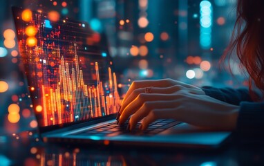 Fototapete - Closeup of backlit female hands using notebook keyboard, glowing business chart, and AI binary code nodes, blurry background, virtual marketing and finance concept, double exposure