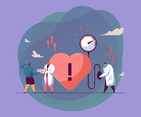 Wall Mural - tiny doctors treating heart disease. medical checkup, high blood pressure, cardiology flat vector il
