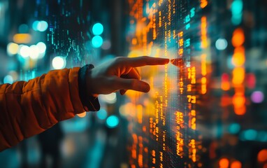 Leinwandbilder - Closeup of businessman hand pointing at glowing blurry candlestick forex chart, blurry office background, financial trends, market analysis, double exposure