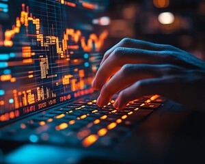 Fototapete - Closeup of male hands on keyboard with glowing business chart and AI binary code nodes, blurry background, virtual marketing and finance concept, double exposure