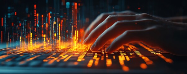 Fototapete - Closeup of male hands on keyboard with glowing business chart and AI binary code nodes, blurry background, virtual marketing and finance concept, double exposure