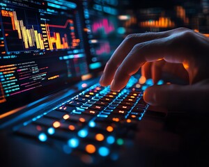 Fototapete - Closeup of male hands on keyboard with glowing business chart and AI binary code nodes, blurry background, virtual marketing and finance concept, double exposure