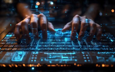 Fototapete - Closeup of male hands typing on keyboard with glowing business chart and AI binary code nodes, blurry background, virtual marketing, and finance concept, double exposure