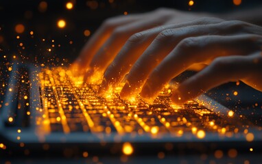 Fototapete - Closeup of male hands typing on keyboard with glowing business chart and AI binary code nodes, blurry background, virtual marketing, and finance concept, double exposure