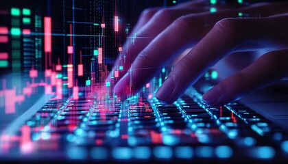 Poster - Male hands typing on keyboard with glowing business chart and binary code nodes, blurry background, virtual finance, and marketing concept, double exposure