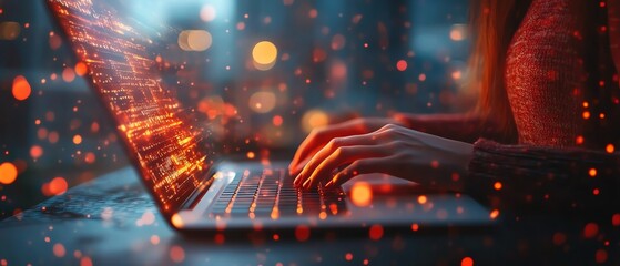 Fototapete - Backlit female hands on notebook keyboard with glowing business chart and AI binary code nodes, blurry background, virtual finance, and marketing concept, double exposure